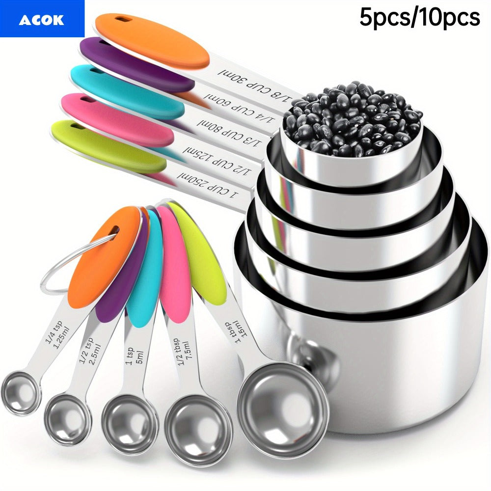 Measuring Cups and Spoons Set 10-Piece Stainless Steel with Silicone Handle ¨C Precise Baking & Cooking Measurement Tools | Dishwasher Safe | Christmas Kitchen Gift