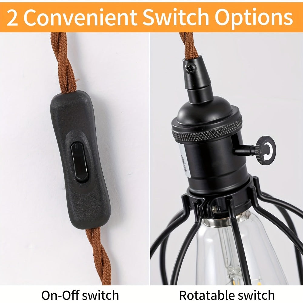Plug In Wall Sconces Set of 2 or 1 ¨C Rustic Farmhouse Wall Lamp with Metal Cage & Wooden Bracket, Plug-Into-Outlet Hanging Light for Bedroom, Living Room & Headboard