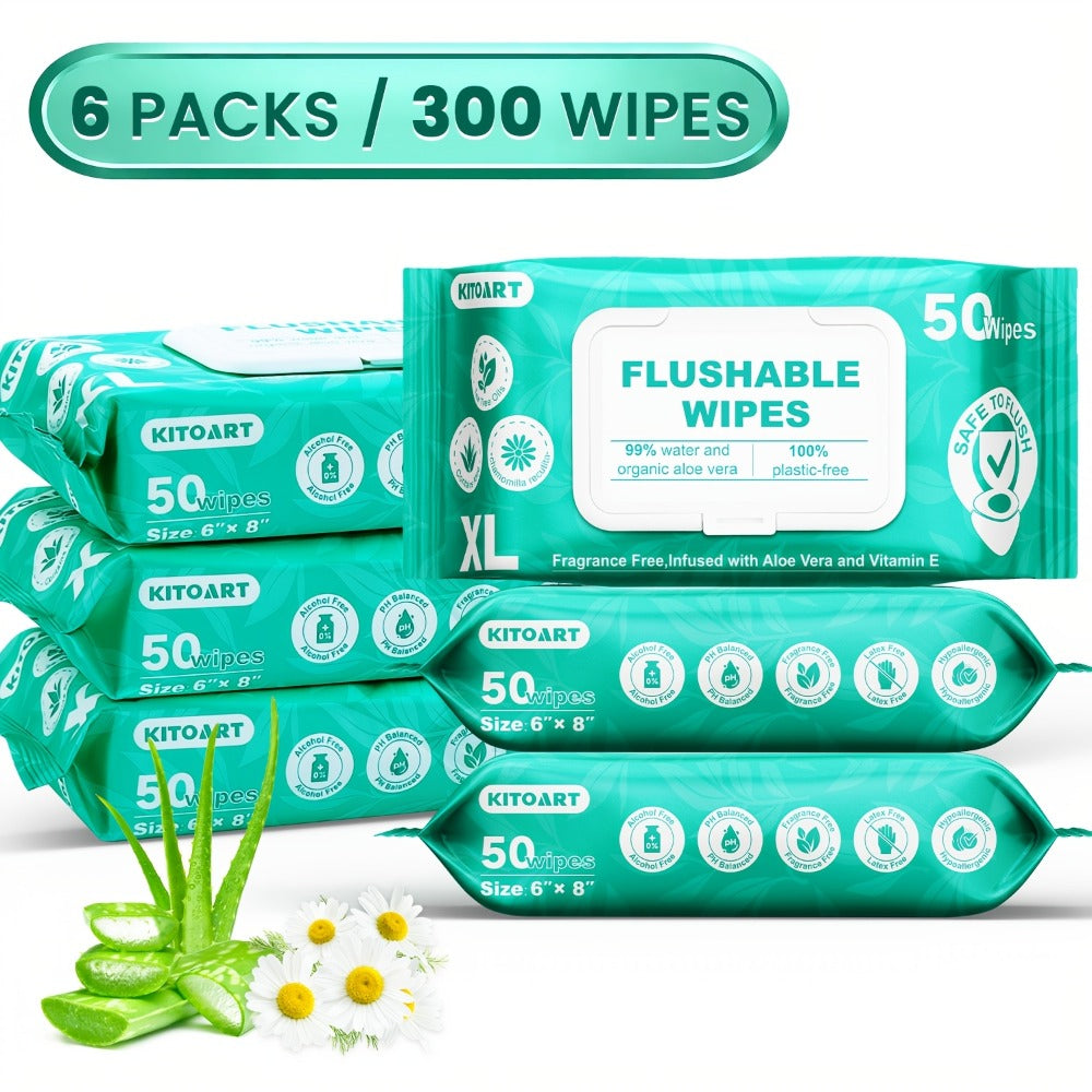 Flushable Wet Wipes Adult XL Unscented No Alcohol Septic Safe Toilet Wipes Portable Family Size for Bathroom Outdoor Camping Travel Hygiene 150 or 300 Wipes 3 or 6 Pack