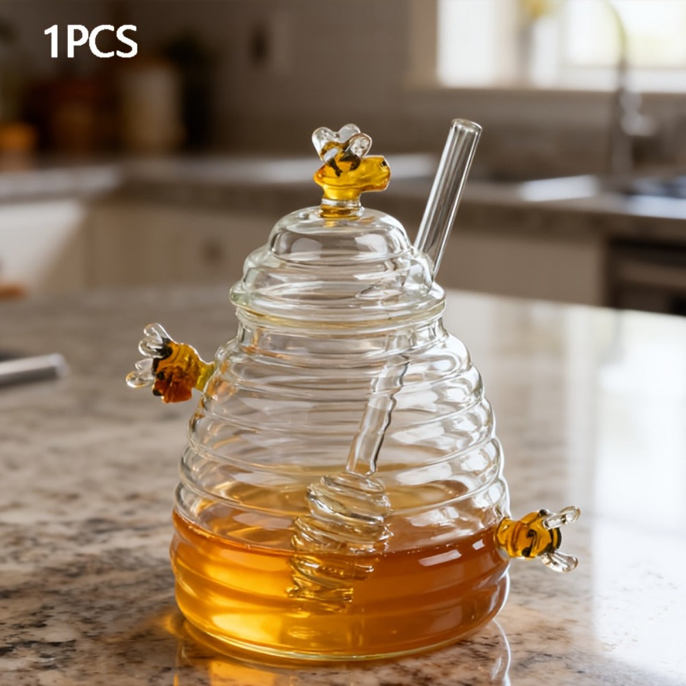 Glass Honeycomb Honey Jar with Lid and Stirrer | 480ml High Borosilicate Transparent Storage Container for Home Kitchen Wedding Party