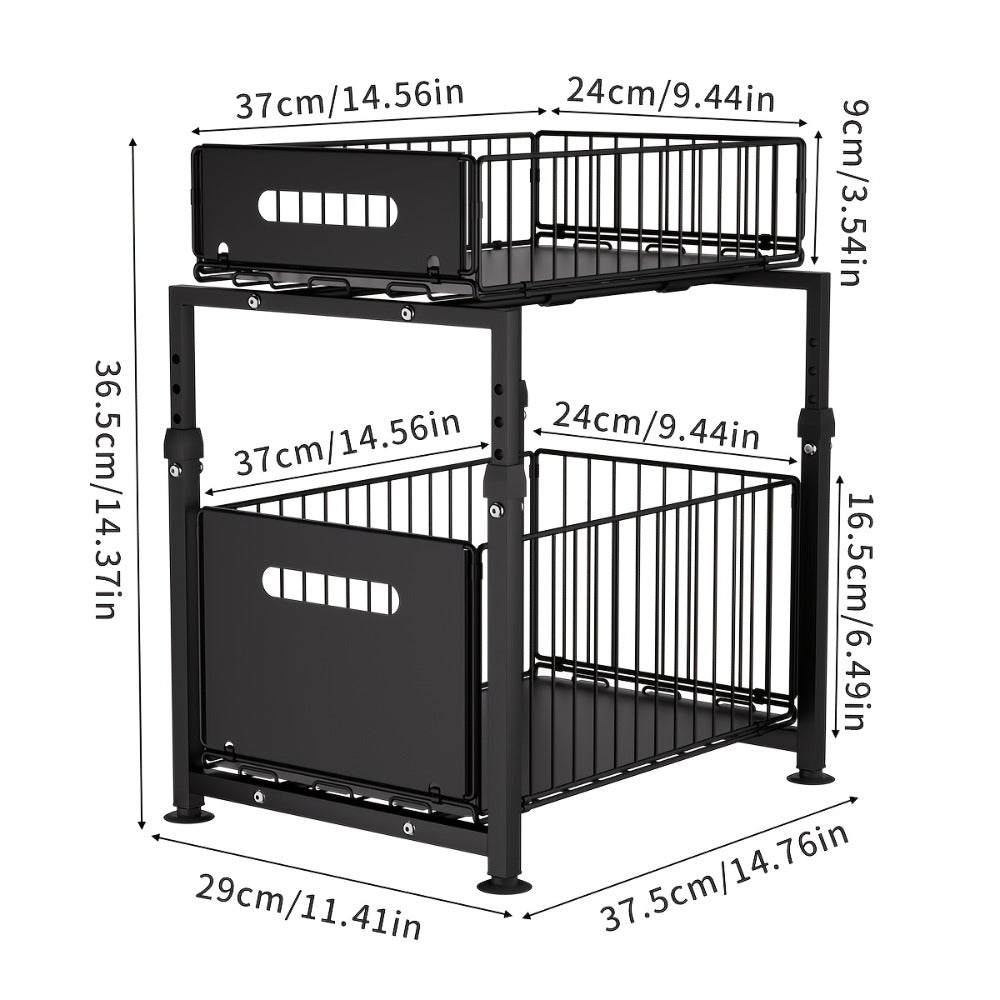 Under Sink Organizer 2-Tier Pull Out - Adjustable Height Carbon Steel Cabinet Storage Shelf for Kitchen and Bathroom, Space Saving Sliding Drawer Rack for Cleaning Supplies Pots and Toiletries, Heavy Duty Under Cabinet Organizer Available in 1 or 2 Pack