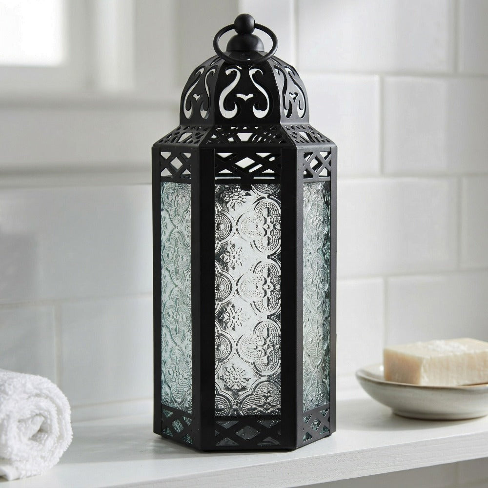 Moroccan Candle Lantern Holder - Decorative Metal & Glass Lantern with Embossed Floral Design for Indoor Home Decor, Garden, Patio, Weddings, Ramadan, Halloween & Holiday Celebrations - 10.5¡± Tall Medium Size