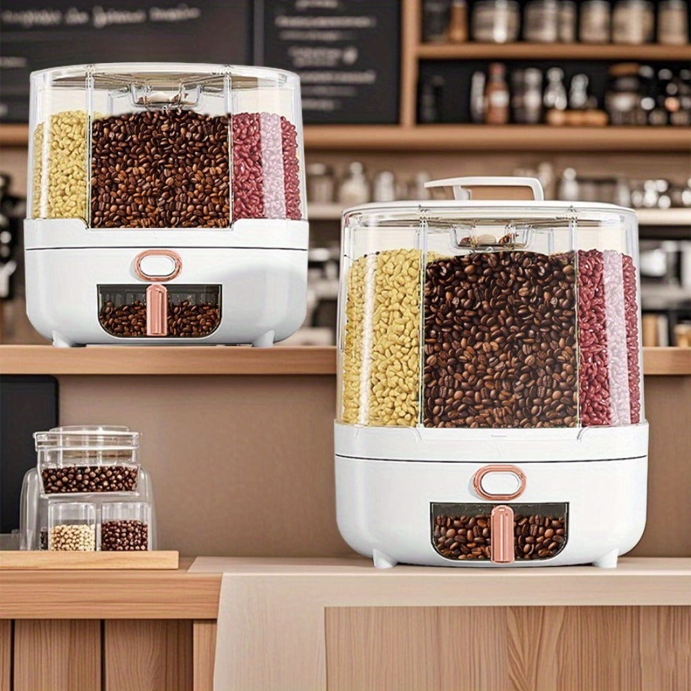 Rice Dispenser 360 Rotating 6 Compartment Grain Storage Container - Airtight Moisture Proof with Transparent Window, Food Grade PP, Large Capacity for Rice Cereal Flour and Pet Food, Medium 13lb or Large 22lb
