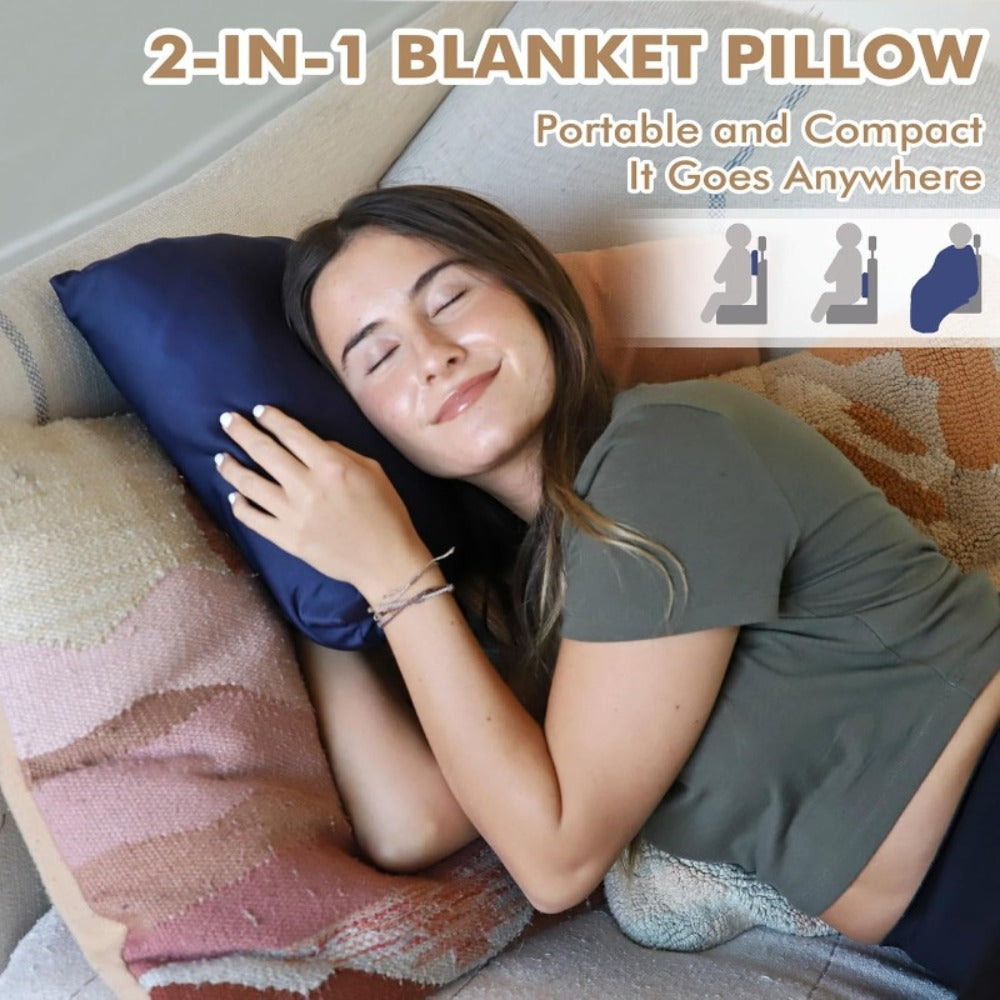 4-in-1 Travel Blanket Airplane - Soft Fleece Poncho Pillow Lumbar Support with Built-in Zipper Bag, Lightweight Packable 40x60in Blanket for Plane Car Office, Holiday Gift