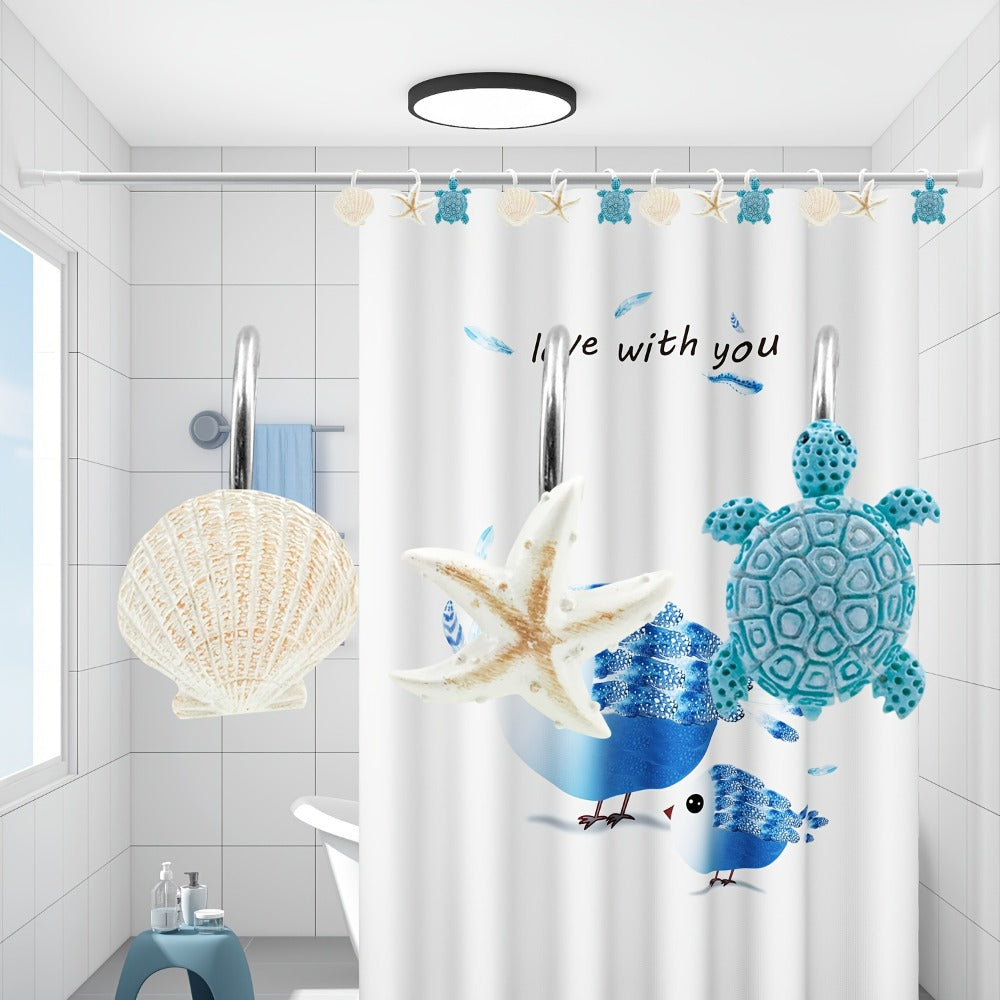12pcs Resin Marine Shower Curtain Hooks ¨C Blue Turtle & Starfish Shell Decorative Bathroom Curtain Ring Hangers Home Decor Accessories