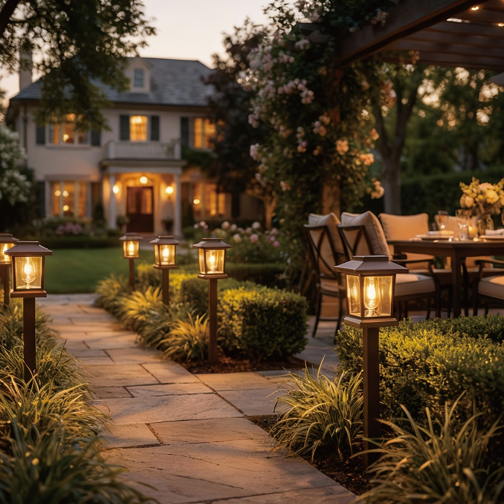 Solar Pathway Lights Outdoor Edison Style LED ¨C Up to 12 Hours Auto On/Off IP44 Waterproof | Warm White Solar Garden Lights for Yard, Driveway & Walkway | Black & Brown Upgraded Stake Lights