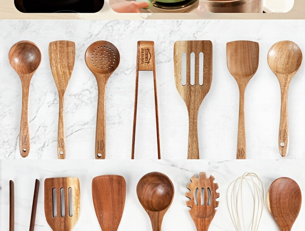 Wooden Kitchen Utensils Set 3/5/7Pcs ¨C Natural Wood Spoons, Spurtle, Ladle & Wok Spatulas for Non-Stick Pans | Heat Resistant, Ergonomic Handle, Easy to Clean