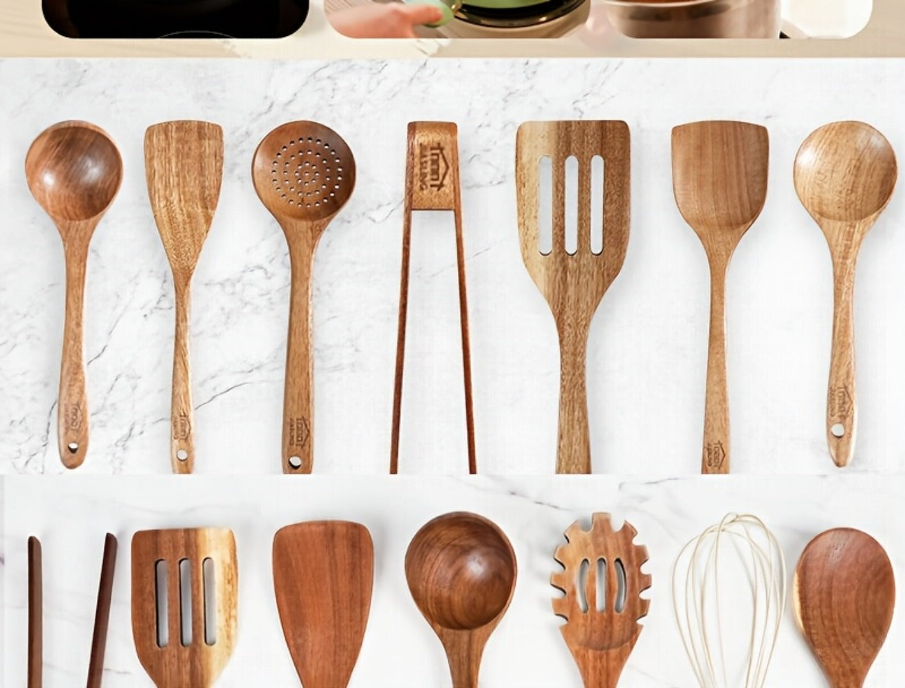 Wooden Kitchen Utensils Set 3/5/7Pcs ¨C Natural Wood Spoons, Spurtle, Ladle & Wok Spatulas for Non-Stick Pans | Heat Resistant, Ergonomic Handle, Easy to Clean