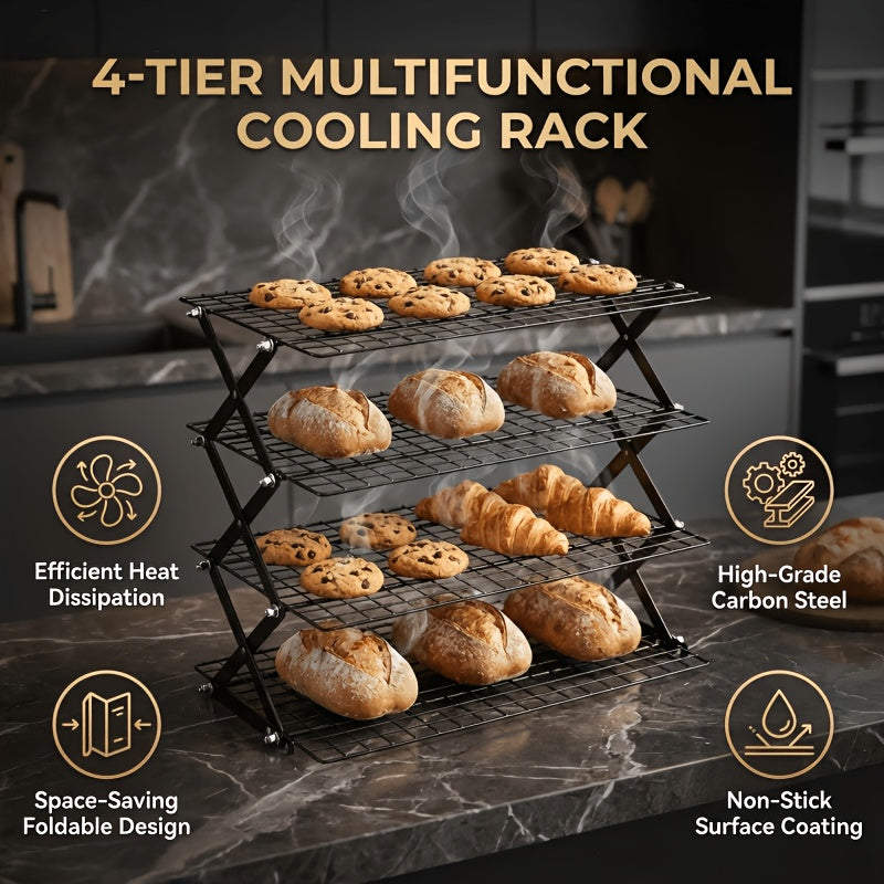 Foldable Cooling Rack for Baking, Stackable Wire Baking Rack with 4-Position Height Adjustment, Collapsible Metal Drying Rack for Cookies Cakes Bread, Camping Grill Rack