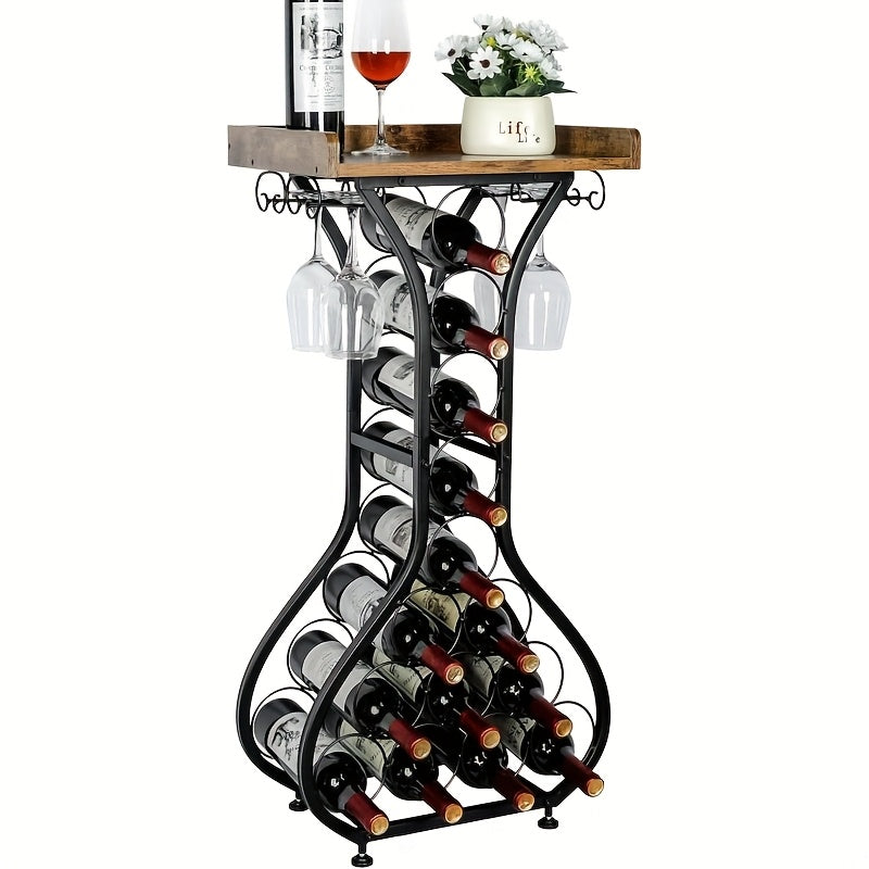 Freestanding Wine Rack Floor 14 Bottles Mini Bar Table Stand Liquor Cabinet with Glass Holder Wood Tabletop Wine Storage for Home Bar Kitchen Living Room Black