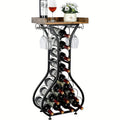 Freestanding Wine Rack Floor 14 Bottles Mini Bar Table Stand Liquor Cabinet with Glass Holder Wood Tabletop Wine Storage for Home Bar Kitchen Living Room Black