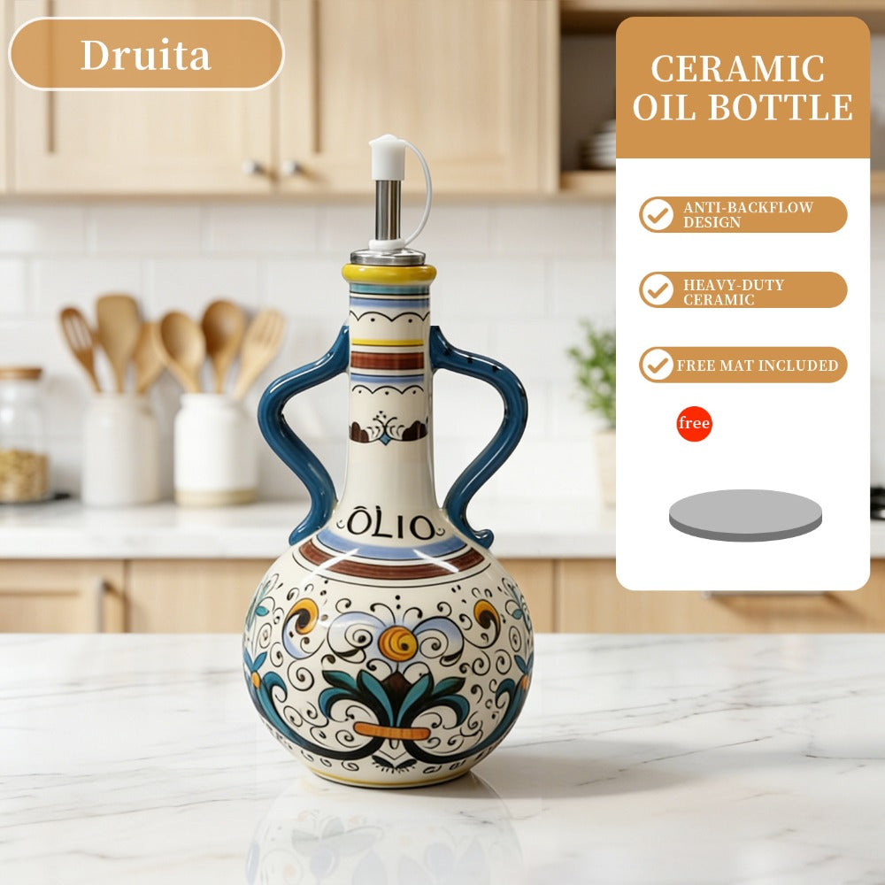 Ceramic Oil and Vinegar Dispenser Set Hand-Painted Underglaze Anti-Drip Leak-Proof Kitchen Oil Bottle with Oil Spout and Foot Pad Olive Green Lemon Yellow