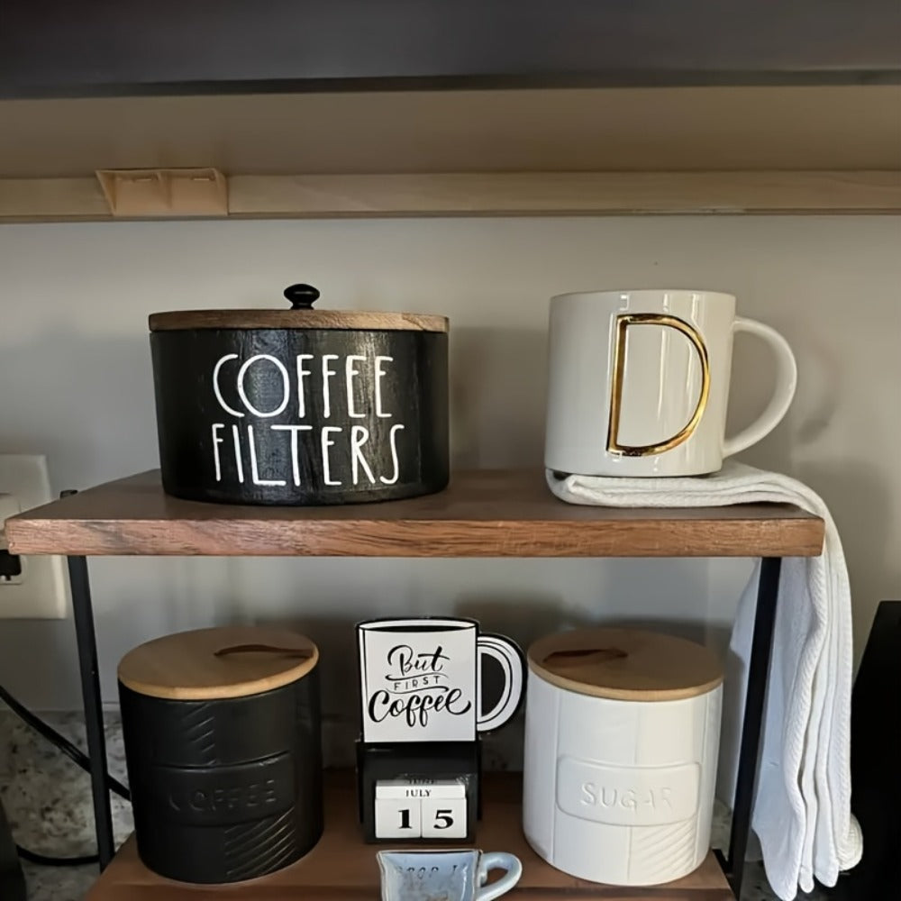 Wooden Coffee Filter Holder with Lid ¨C Large Capacity Rustic Round Organizer Dispenser for Coffee Filters & Tea Bags, Bamboo Lid, Kitchen Countertop Coffee Bar Decor