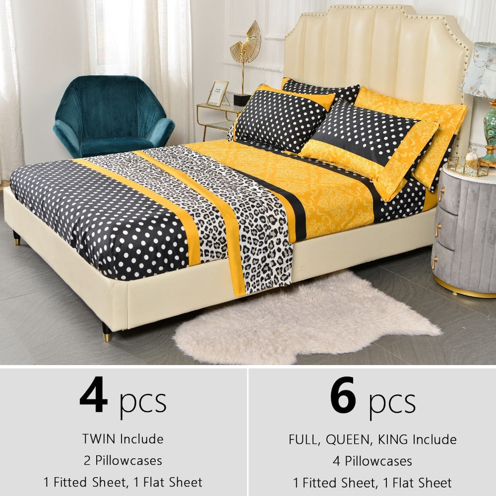 Microfiber Bed Sheet Set 4/6 Pcs ¨C Soft Breathable Patchwork Printed Bedding with Deep Pocket Fitted Sheet, Wrinkle-Resistant Easy Care ¨C Twin, Full, Queen, King Sizes Available