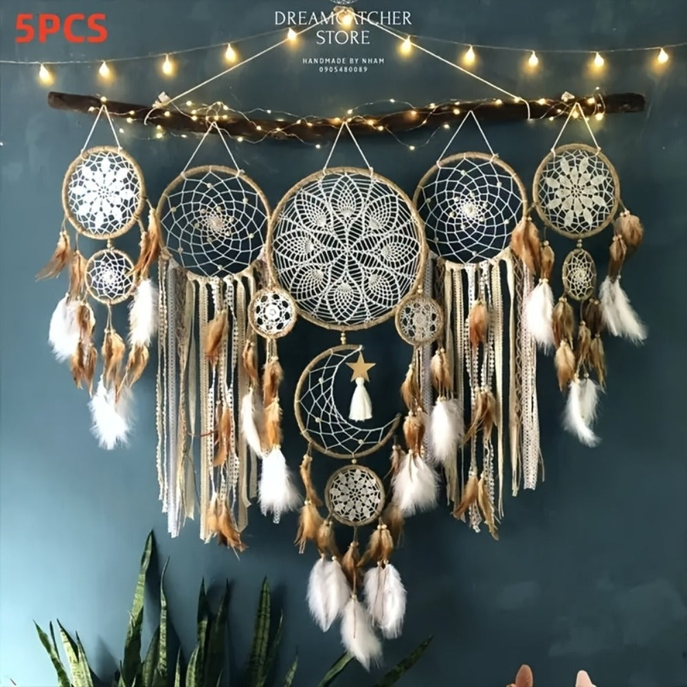 Dream Catcher Wall Decor 5 Pack Large Handmade Boho Dream Catchers Moon Sun Wall Hanging Decoration Bohemian Bedroom Decor Aesthetic Room Decor Bed Decoration Boho Wall Art Camel