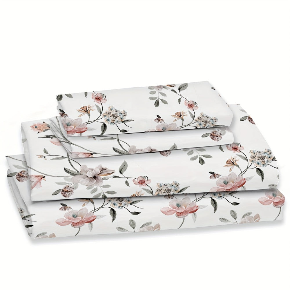 Bed Sheets Set 4pcs Deep Pocket Fitted Sheet & Pillow Cases | Soft Floral Bedding Twin Full Queen King ¨C White Pink Green