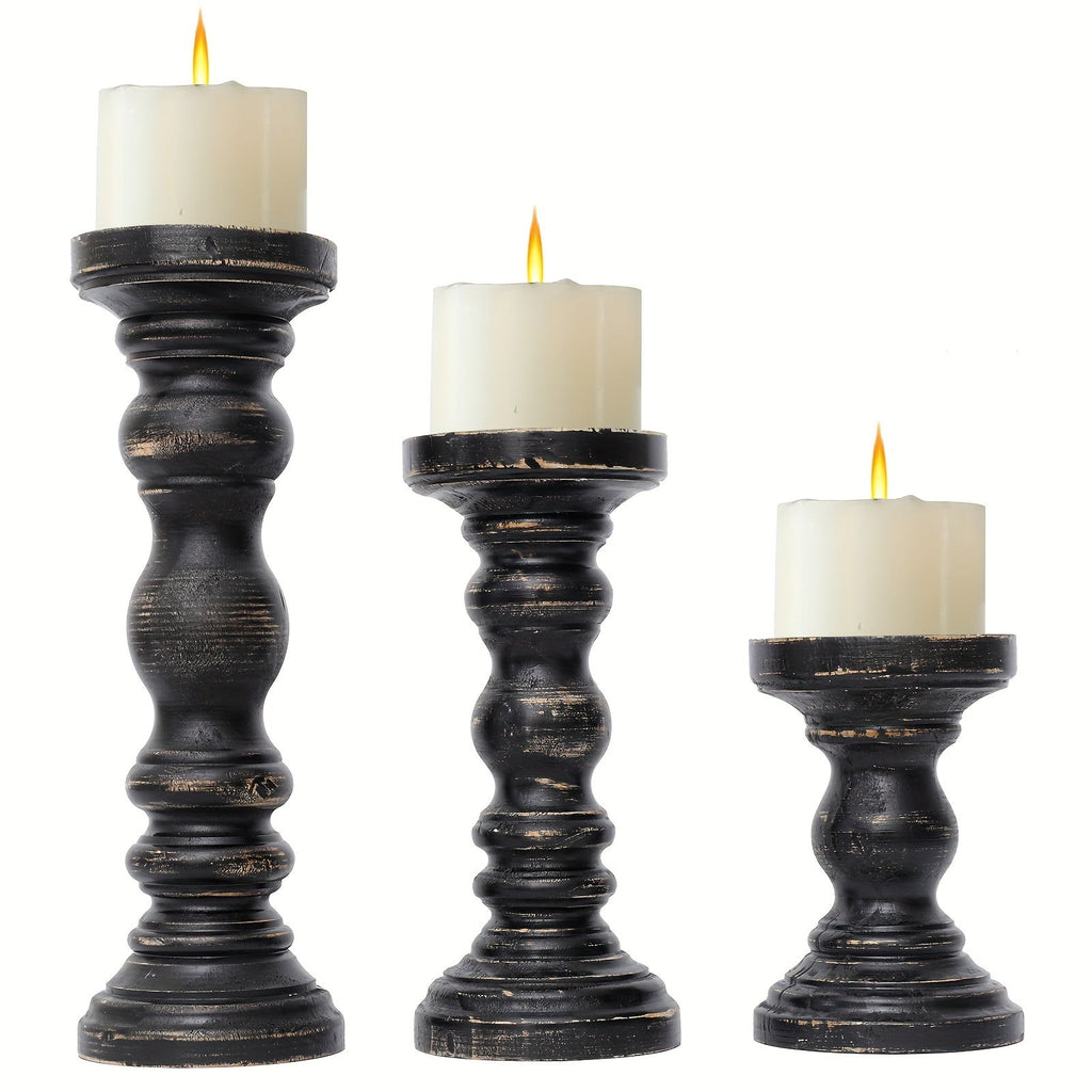 Wood Pillar Candle Holder Set of 3 - Farmhouse Rustic Wooden Candlestick Holders for Pillar Candles, Tiered Tray Decor, Table Centerpiece, Mantel Shelf Home Decor, White Black Brown