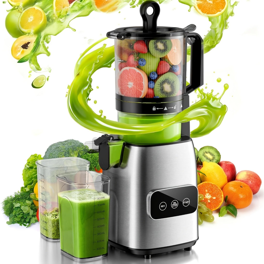 Cold Press Juicer Machine with Large Feed Chute - Slow Masticating Juicer for Whole Fruits & Vegetables, High Juice Yield, Easy to Assemble & Clean, LED Display Option, Silver, for Home & Kitchen