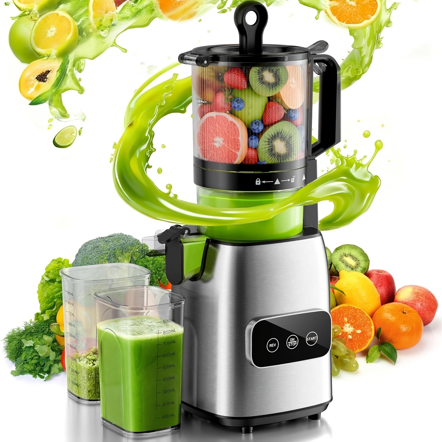 Cold Press Juicer Machine with Large Feed Chute - Slow Masticating Juicer for Whole Fruits & Vegetables, High Juice Yield, Easy to Assemble & Clean, LED Display Option, Silver, for Home & Kitchen