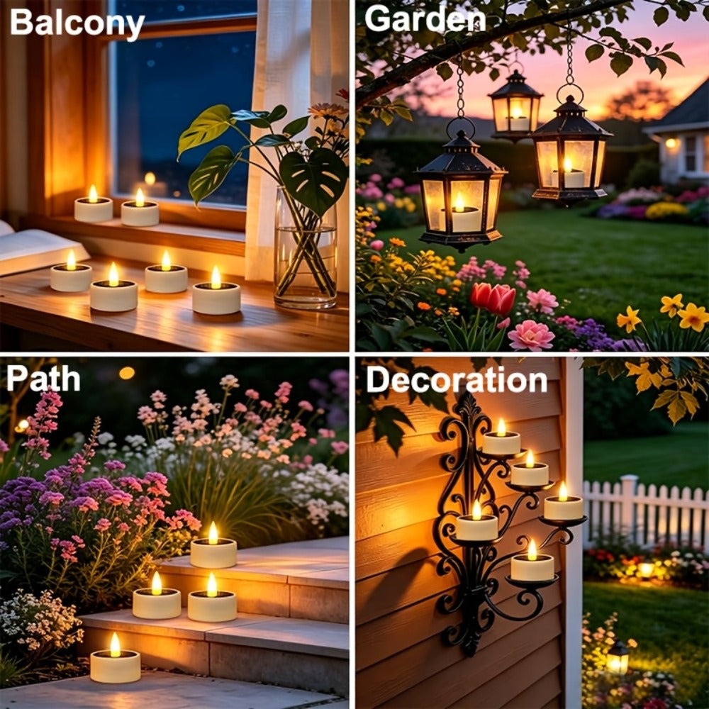 Solar Flameless Candles Outdoor Waterproof IP44 LED Tealight with Dusk to Dawn Sensor Flickering Warm Light for Garden Balcony Window Lantern Terrace Decor 4 6 12 Pack