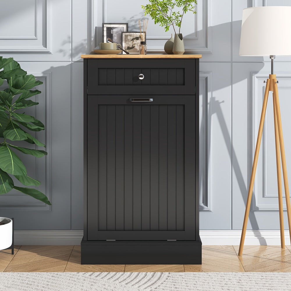 Tilt Out Trash Cabinet Freestanding Kitchen Garbage Cabinet with Cutting Board & Drawer ¨C Wood Hideaway Recycling Station, Fits 10 Gal, Black/White