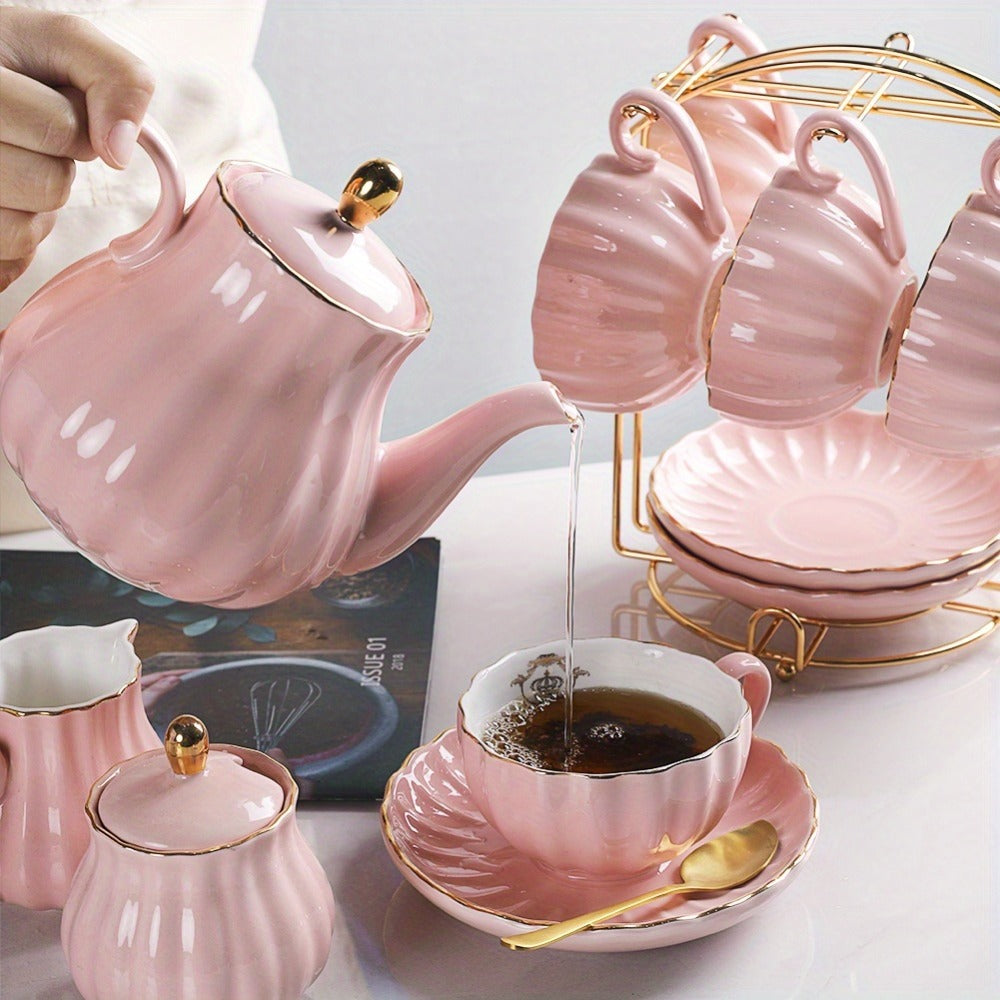 Porcelain Tea Set Service for 6 British Royal Floral Design with Teapot Sugar Bowl Cream Pitcher Teaspoons Tea Strainer 8oz Cups Saucers for High Tea Wedding Party Gift