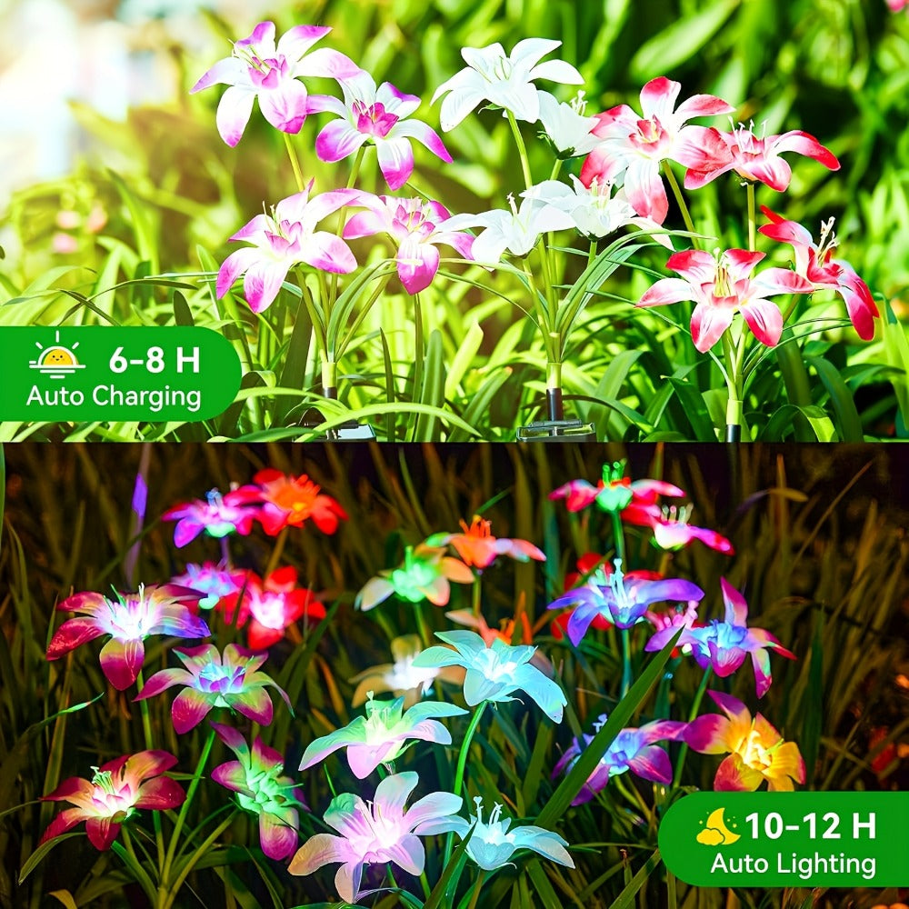 Solar Garden Lights Blooming Lily Flower | 7 Color Changing LED | Waterproof Outdoor Solar Stake Lights | Yard Patio Pathway Gravestone Decor | 2 4 12 Pack Solar Flower Lights