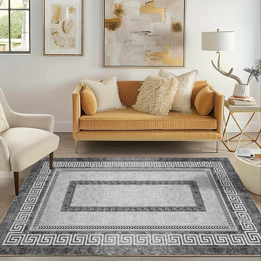 Persian Boho Area Rug - Luxury Crystal Velvet 850GSM Floral Pattern | Non-Slip Machine Washable 100% Polyester Carpet | Grey Black Marble Effect Living Room & Bedroom Rug for High Traffic Areas