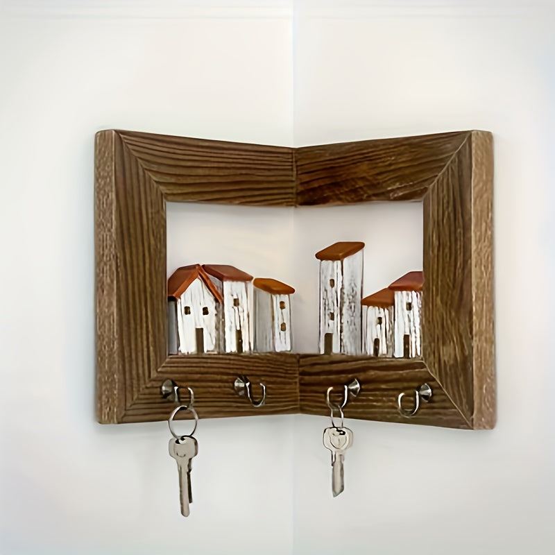Wall Mounted Key Rack with Hooks - Rustic Wooden Key Holder with 6 House Hooks, Entryway Storage Organizer for Home Bedroom Wall Decor