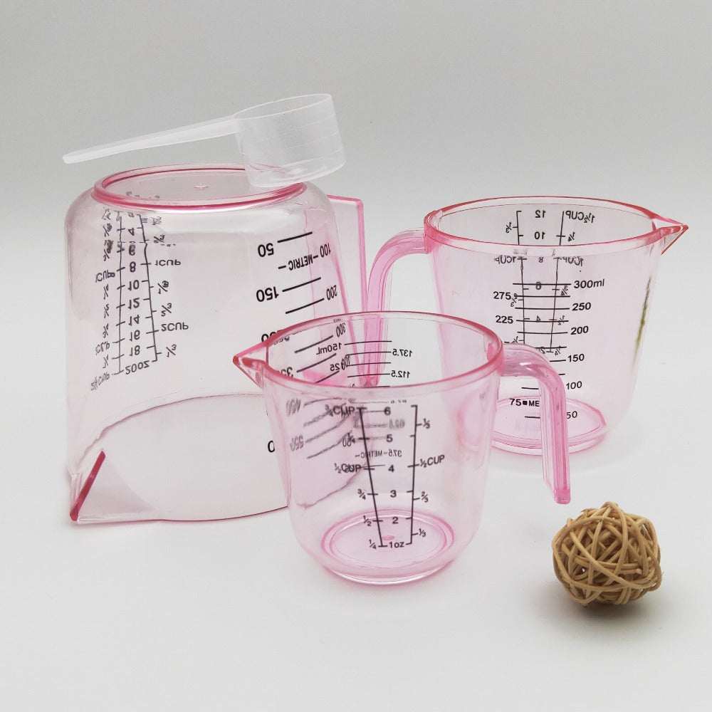 Measuring Cups Set 4-Piece with Spoon, 6oz 12oz 20oz Baking Cups + 20ml Spoon, PS Food-Safe Material, ML OZ CUP Markings, Pink Kitchen Measuring Set