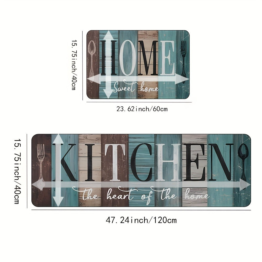 Diatomaceous Earth Kitchen Mat Set 2pcs - Non-Slip Anti-Fatigue Rug for Kitchen Bathroom Bedroom Hallway, Green Brown Wood Plank Pattern, Easy Clean