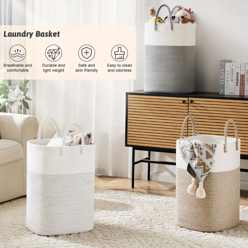 Woven Cotton Rope Laundry Basket Large Hamper with Handles for Bathroom Bedroom Living Room ¨C Jumbo Boho Storage Basket for Clothes Blankets Toys | 40L 60L 80L 100L