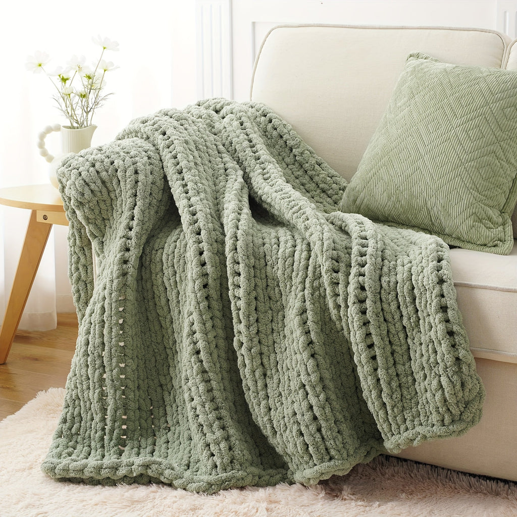 Chunky Chenille Cable Knit Throw Blanket ¨C 350-400gsm Soft Warm Crochet Throw for Sofa, Bed & Couch, Vintage Patchwork, 14 Colors