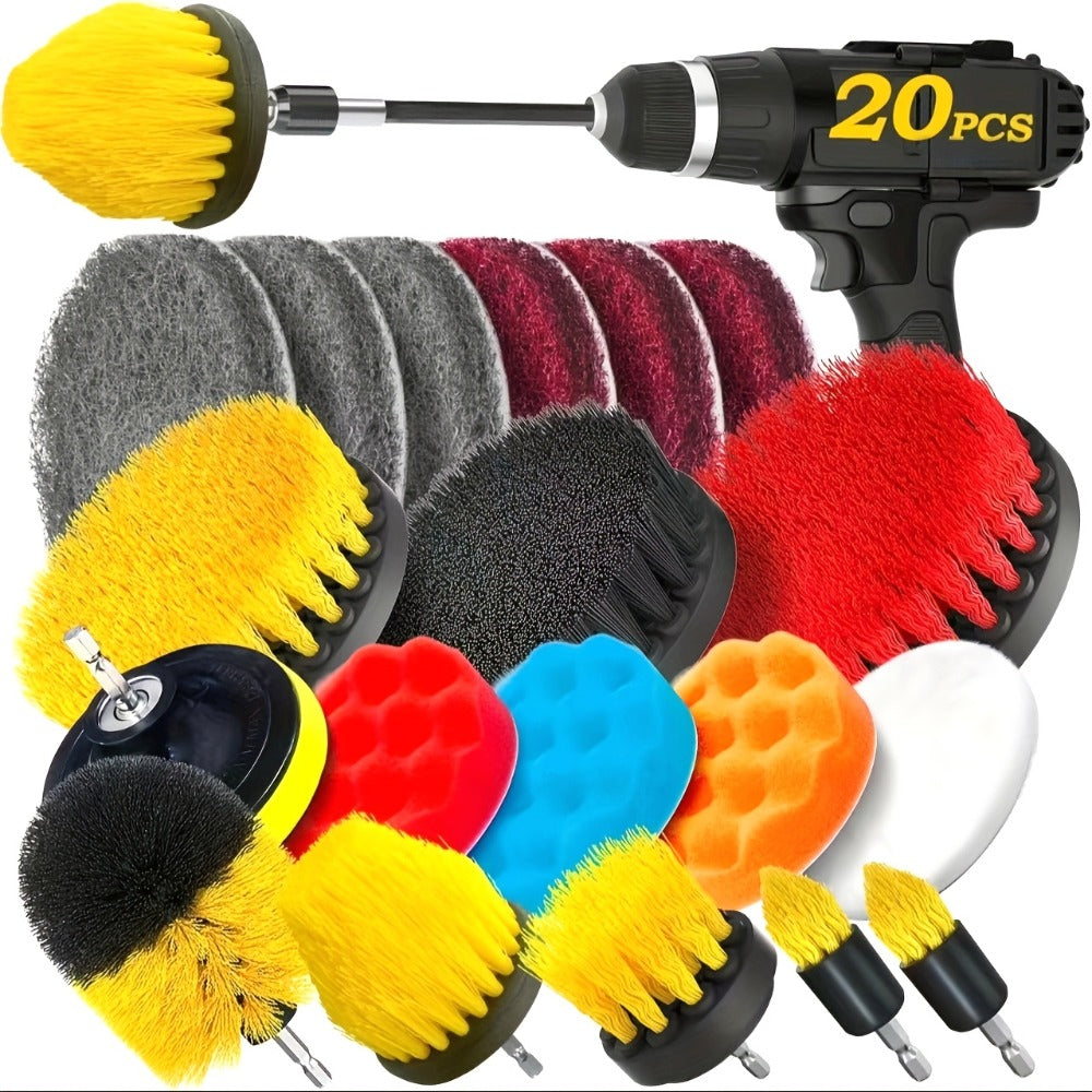 Drill Brush Attachment Set 20 Pack Power Scrubber Brushes Scrub Pads Sponge Buffing Pads with Extension Rod for Bathroom Kitchen Car Polishing Tile Grout Cleaning Kit