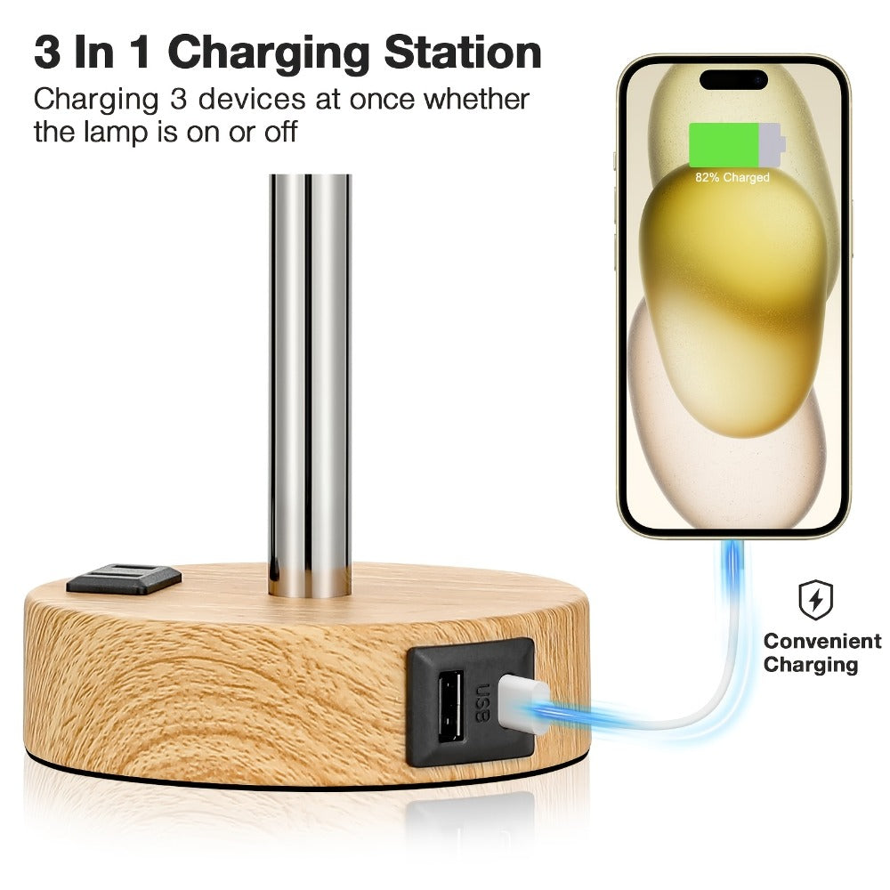 Dimmable Table Lamp with USB Charging Ports & AC Outlet - 3-Way Touch Control Bedside Nightstand Lamp, 6W LED Bulb Included, Wood & Metal Base, Modern Desk Light for Bedroom, Living Room & Office (1 or 2 Pack)
