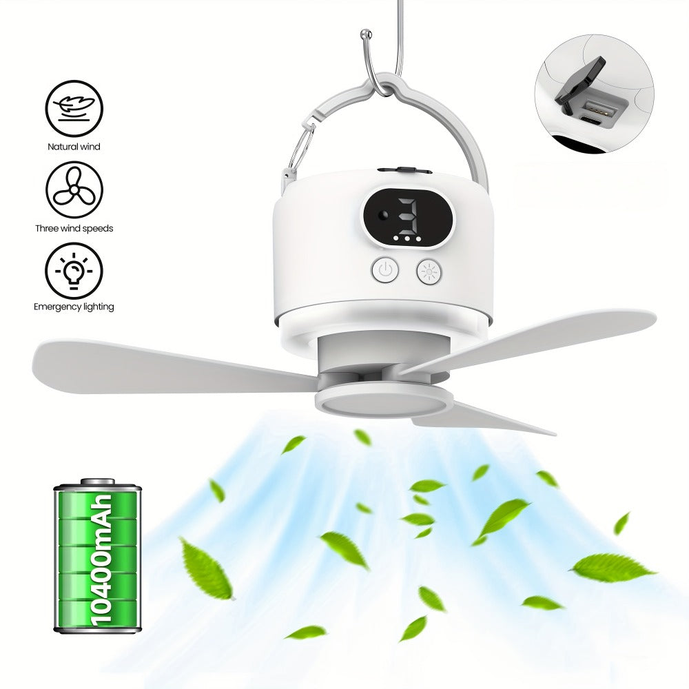 Portable Camping Ceiling Fan 10400mAh USB Rechargeable Remote Control 4-Speed Mute Fan Lamp with Phone Charging for Outdoor Tent Dorm Home White Dark Green