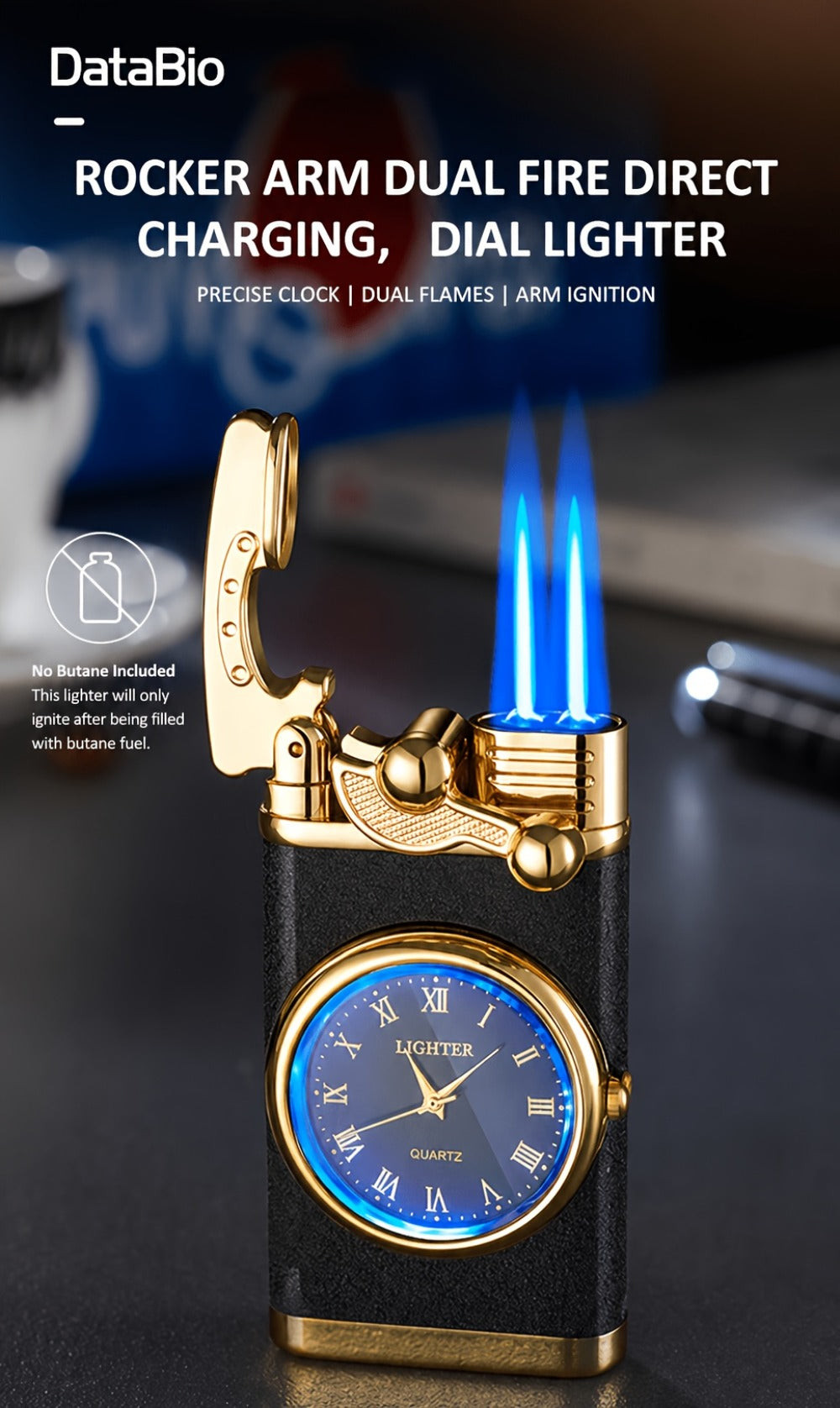 Vintage Rocker Butane Lighter Blue Double Flame Windproof - Multi-Function Dial, Adjustable Flame, Indoor & Outdoor | Gift for Dad & Boyfriend | Butane Not Included