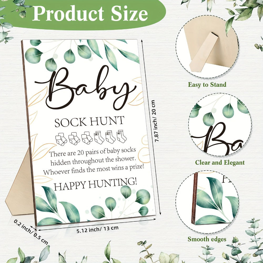 Baby Shower Sock Hunt Game Set 20 Pairs Cotton Socks with Wooden Table Sign Gender Reveal Party Favor