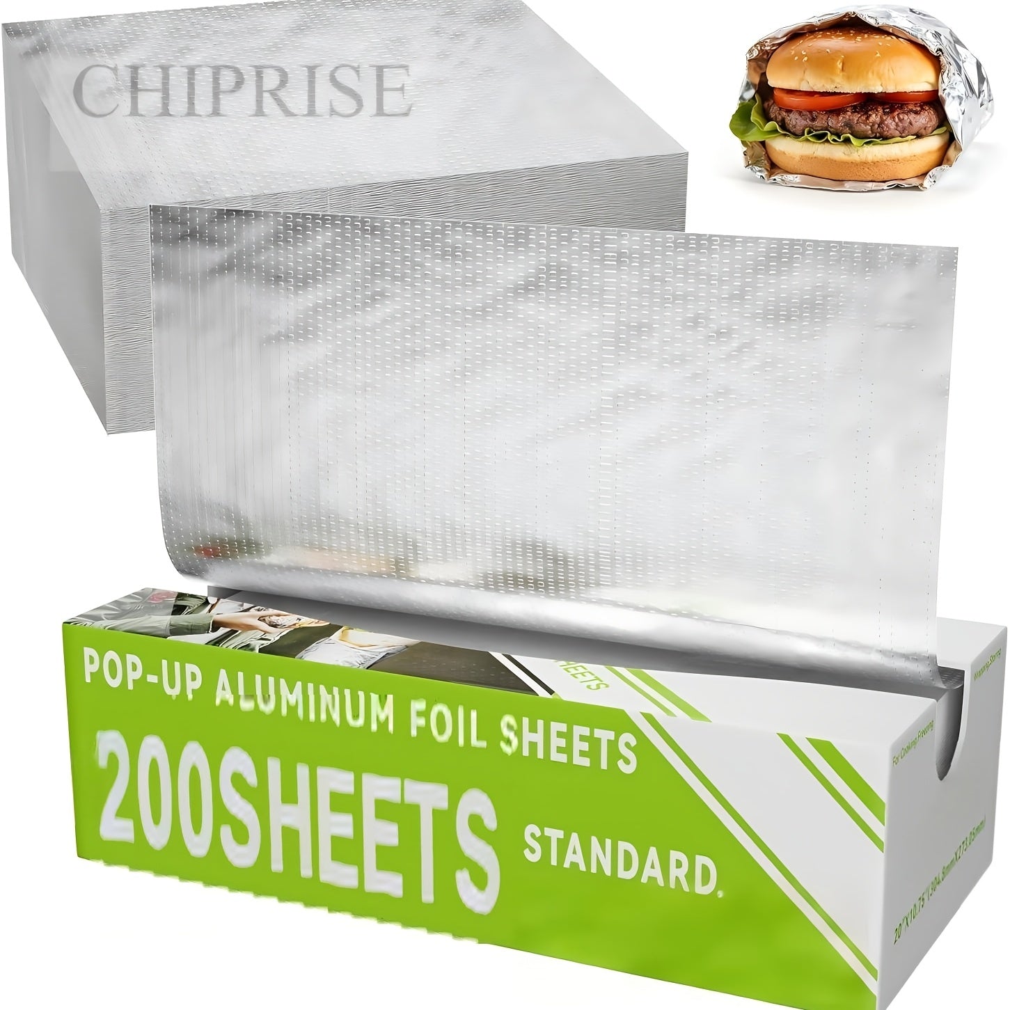 Pre-Cut Aluminum Foil Sheets 200-Count 9x10.75 Inch Pop-Up Dispenser Box Heavy Duty Foil for Baking Grilling Roasting Cooking Food Storage Restaurant