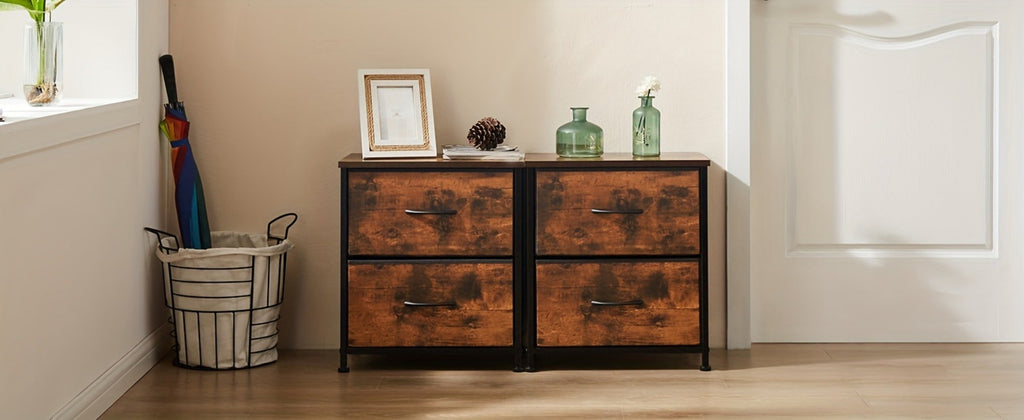 Nightstand with 2 Storage Drawers, 20¡± Bedside Table with Wooden Top & Fabric Cabinet, Steel Frame Mini Dresser for Bedroom, Dorm, Living Room ¨C 1pc or Set of 2pcs, Black White Grey Rustic Brown