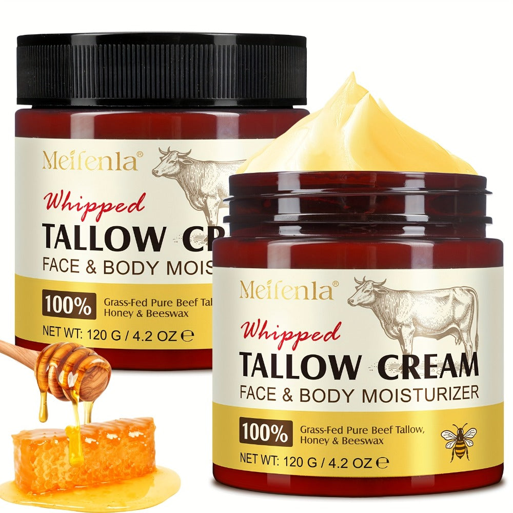 Whipped Tallow Cream 120g Grass-Fed Beef Tallow Honey Beeswax Moisturizing Face Body Hand Cream All Skin Types No Artificial Fragrance Skin Barrier Support
