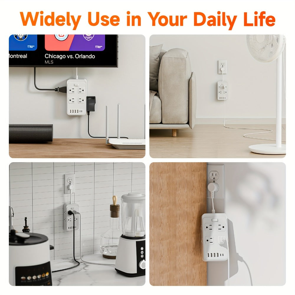 Power Strip Outlet Extender Surge Protector 8 AC Outlets 6 USB Charging Ports 4 USB-A 2 USB-C 3 Inch Short Cord Desk Charging Station for Home Dorm Office Travel White Black