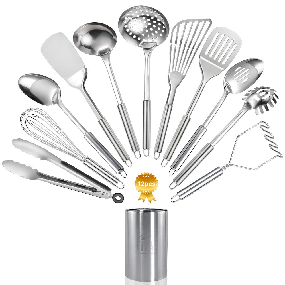 Stainless Steel Kitchen Utensils Set 12 Piece with Holder ¨C Heat Resistant Cooking Utensils, Spatula, Ladle, Tongs, Whisk, Skimmer, Potato Masher, Slotted Spoon