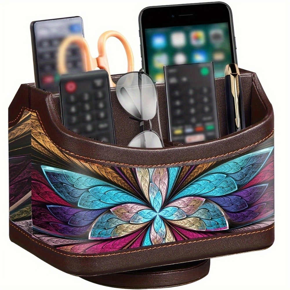 360¡ã Swivel Remote Control Holder with 5 Compartments ¨C PU Leather Desktop Organizer Caddy for TV Remotes, Phones, Glasses, Cosmetics & Stationery, Rotating Storage Box for Home Office Nightstand