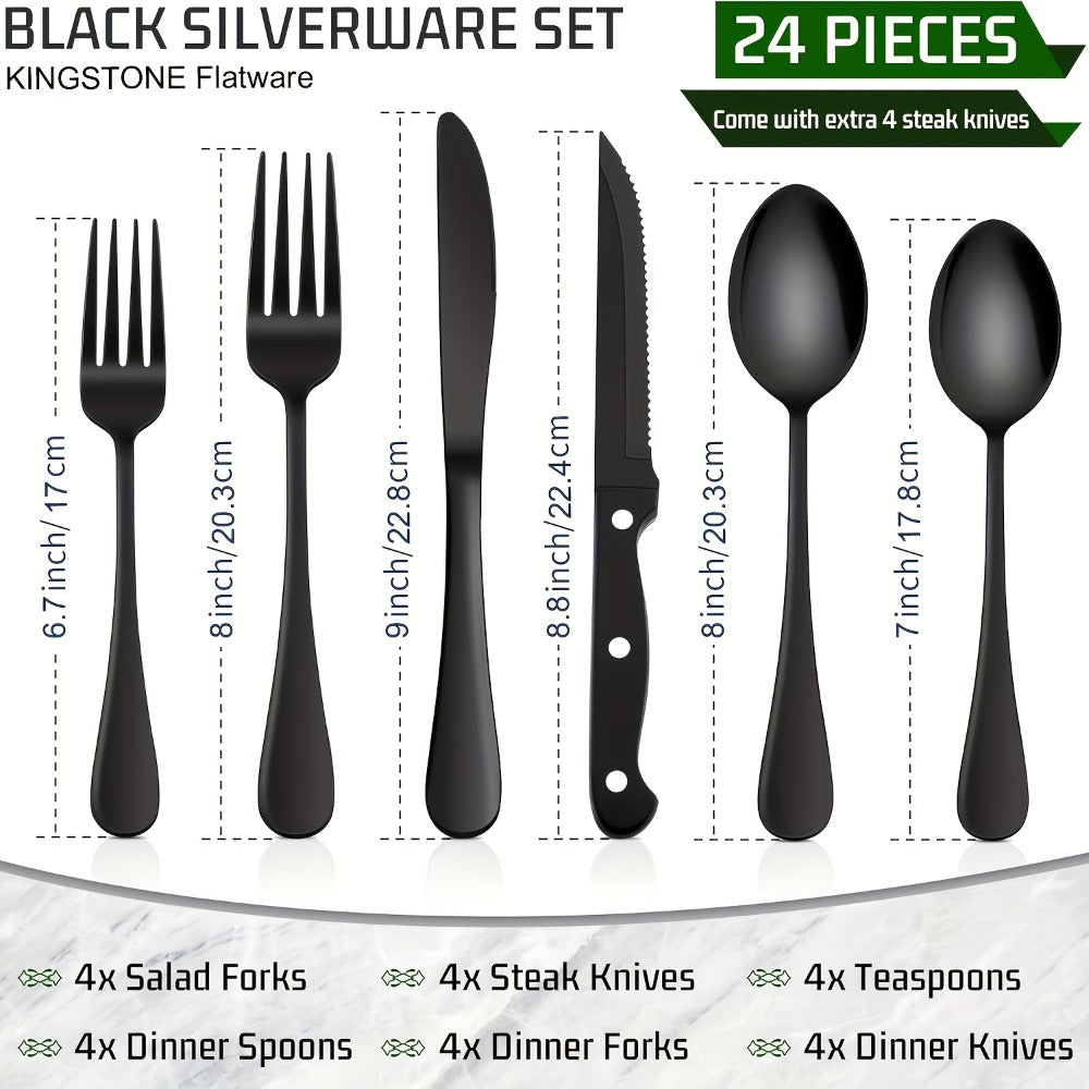 Stainless Steel Flatware Set with Steak Knives ¨C 24/48 Piece Silverware Set Service for 4 or 8, Mirror Polished Cutlery, Dishwasher Safe, Silver & Black