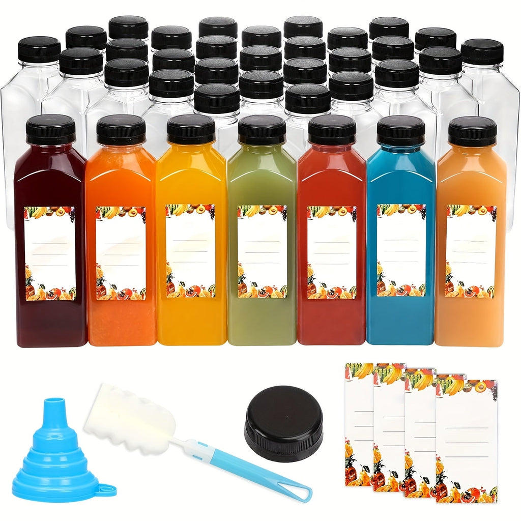 16oz Plastic Juice Bottles with Caps Reusable Clear Beverage Containers Bulk Set with Lids Funnel & Brush for Juice Smoothies Milk