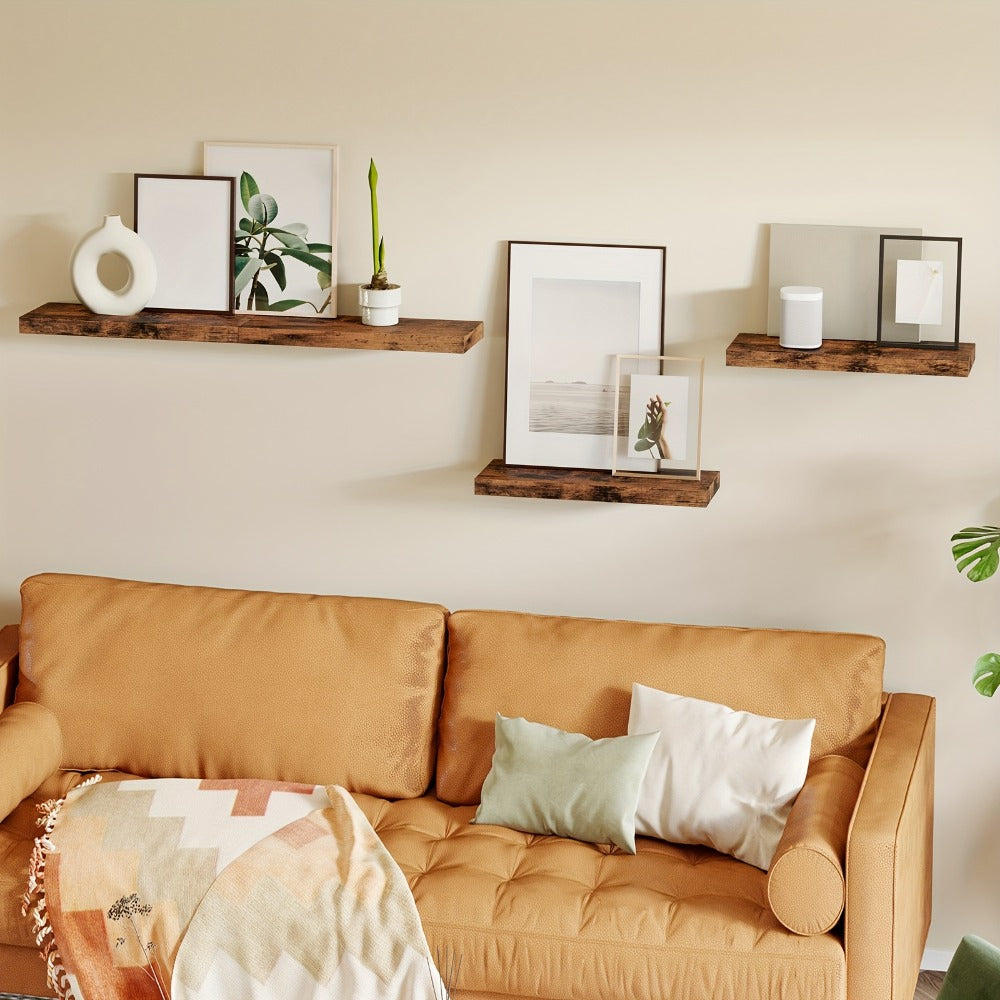 Floating Wall Shelves Set of 4, Retro Style Wall Mounted Shelves with Invisible Brackets for Bathroom Living Room Bedroom Kitchen, Brown Black White Gray Home Decor Display