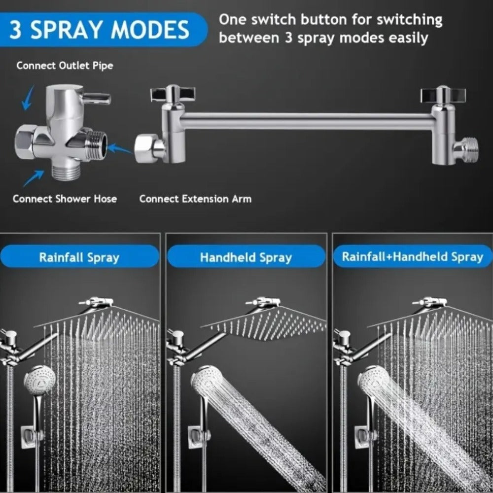 High Pressure Shower Head Combo with Handheld Shower Wall Mounted 9 Spray Settings Rainfall Shower System Adjustable Angle Leakproof with Hose for Modern Bathroom Chrome Matte Black