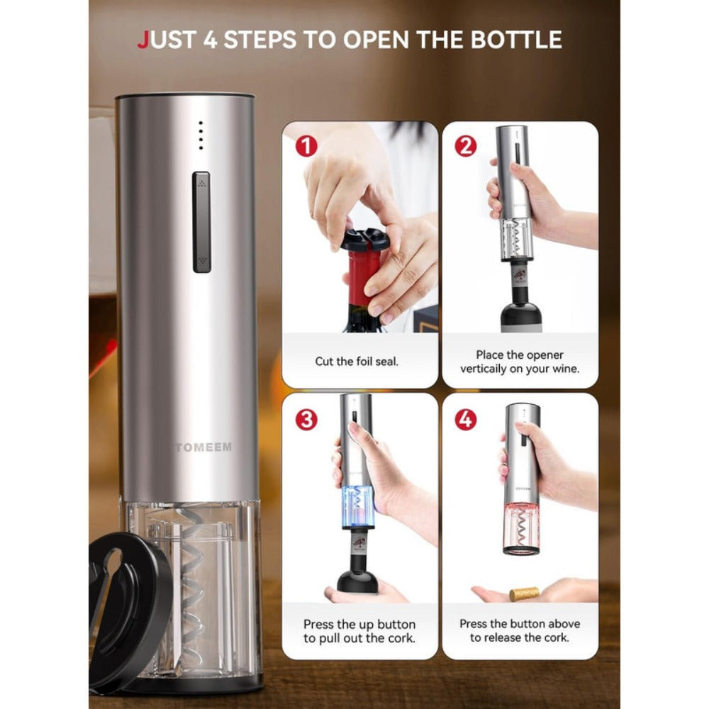 Electric Wine Opener Gift Set Rechargeable, 5-Piece Wine Accessory Kit with Aerator, Vacuum Stoppers, Foil Cutter & Bottle Opener, Stainless Steel, Perfect for Home Bar, Dinner Parties & Gifting