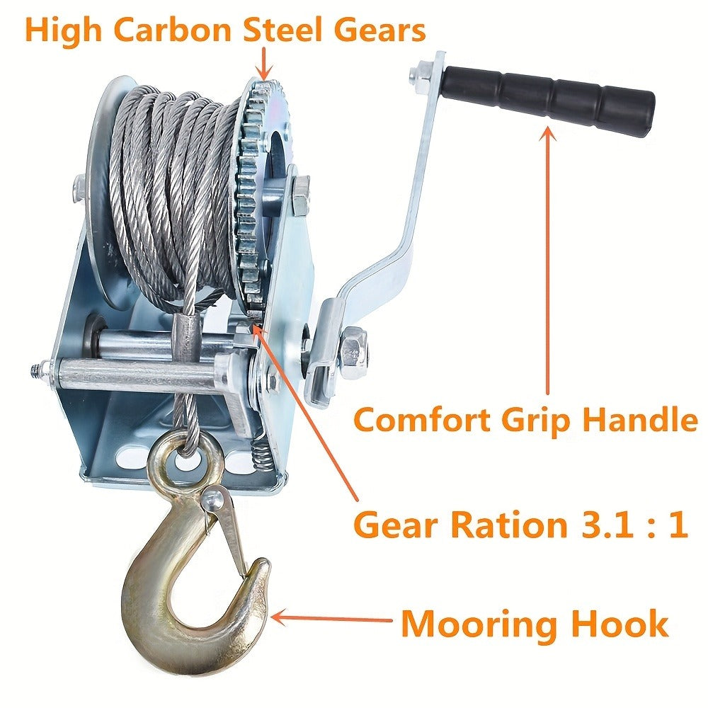 Manual Hand Winch Heavy Duty Carbon Steel 800-1600 lbs - Double Brake Safety System, Strap Winch with Mooring Hook & Safety Pawl, for Boat, ATV, Trailer, Farm, Garage & Industrial Pulling Tasks
